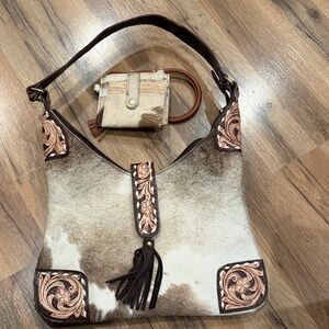 Cowhide Shoulder Bag with Tooled Leather Accents - Brown & White only purse